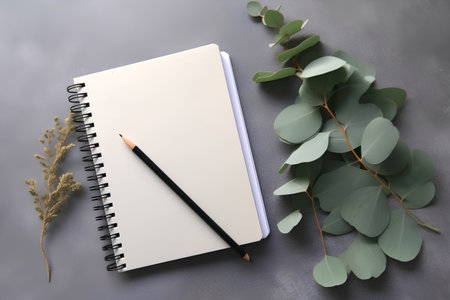Blank notebook with eucalyptus branch and pencil on grey backgroundの素材