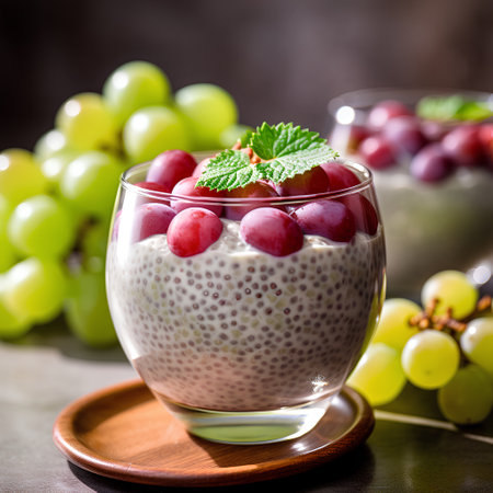 Chia seed pudding with fresh grape and mint in a glass.の素材