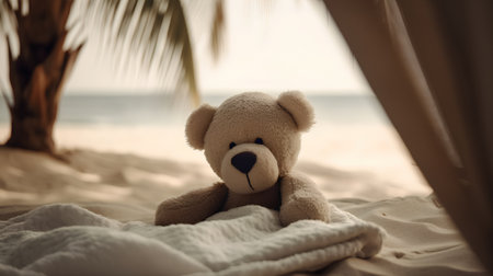 Teddy bear on the beach at sunset, vintage tone, soft focusの素材