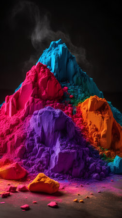 Colorful holi powder on black background. Holi powder is a traditional festival in India.の素材