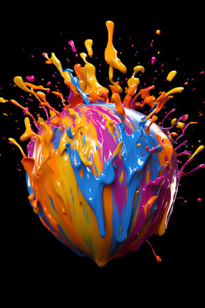 Colorful paint splashes isolated on black background. 3d renderingの素材