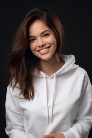 Portrait of a smiling young woman in white hoodie on black backgroundの素材