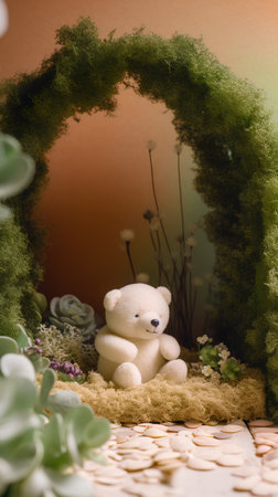 Teddy bear sitting on the grass in the garden with green plantsの素材