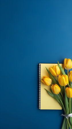 Bouquet of yellow tulips and notebook on blue background. Top view with copy spaceの素材