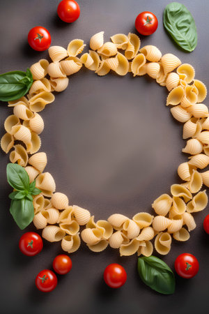 Variety of types and shapes of Italian pasta with basil leaves and tomatoes on dark backgroundの素材