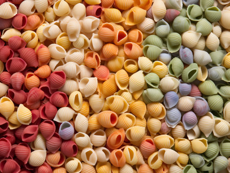 Variety of colors and shapes of Italian pasta. Top view.の素材