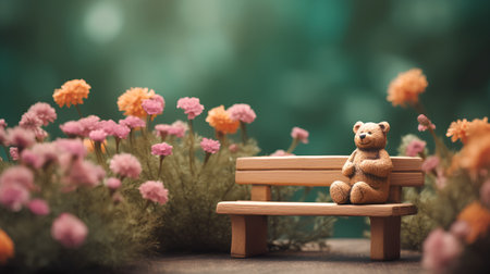 Teddy bear sitting on a wooden bench in the garden with flowersの素材