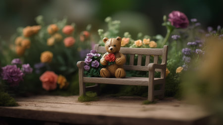 Teddy bear sitting on a wooden bench with flowers in the backgroundの素材