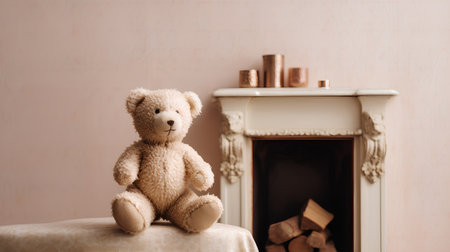 Teddy bear sitting on a chair in front of a fireplace.の素材