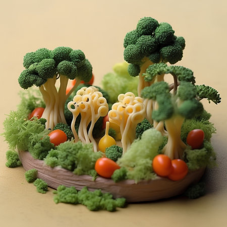 Miniature model of broccoli, tomato, parsley and dillの素材