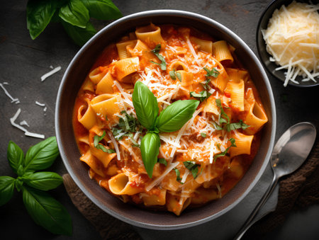 Penne pasta with tomato sauce, parmesan cheese and basil in bowl on dark background, top viewの素材