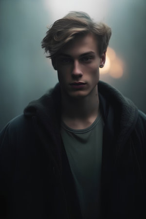 Portrait of a handsome young man in a black coat on a dark backgroundの素材