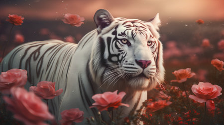 Beautiful white tiger on a background of red poppies.の素材