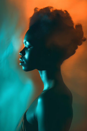 Fashion portrait of young beautiful african american woman in neon lightの素材