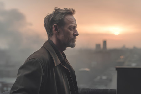 Portrait of a handsome mature man with grey hair and beard, wearing a brown jacket, looking out over the city at sunset.の素材