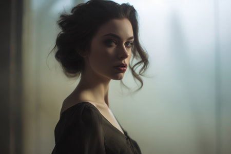 Portrait of a beautiful young brunette woman in black dress.の素材