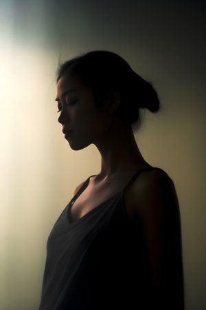 Silhouette of a beautiful young asian woman in black dressの素材