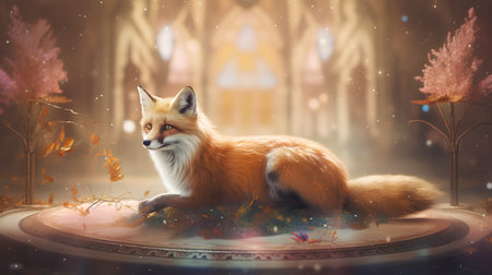 Red fox sitting in the autumn forest. 3D illustration. Halloween.の素材