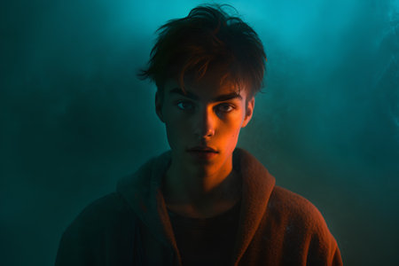 Portrait of a young man in a hoodie on a dark backgroundの素材