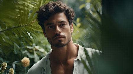 Portrait of a handsome young man in a tropical garden. Men's beauty, fashion.の素材