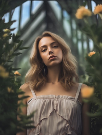 Portrait of a beautiful young woman in a greenhouse with yellow flowersの素材
