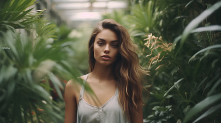 Beautiful young woman in a greenhouse. Beauty, fashion. Natural beauty.の素材