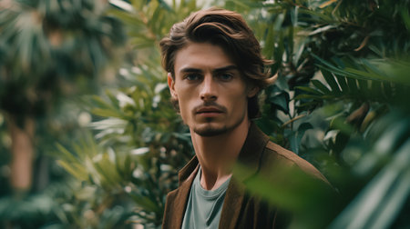 portrait of handsome young man looking at camera while standing in green parkの素材