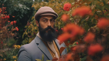 Portrait of a handsome bearded man in a gray coat and a beret in the autumn parkの素材