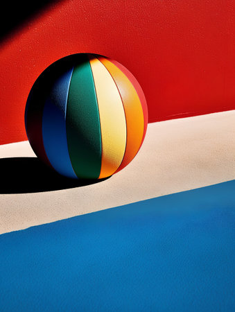 Colorful beach ball on the beach. 3d render illustration.の素材