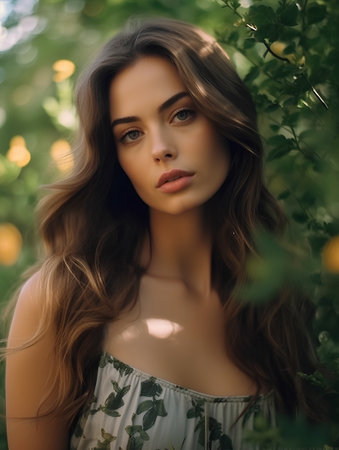 Beautiful young woman in a garden at sunset. Beauty, fashion.の素材