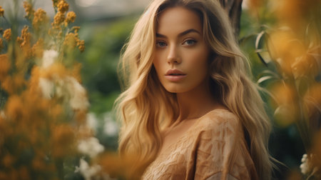 Portrait of beautiful girl with long blond hair in the field.の素材