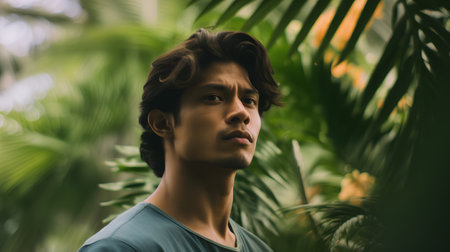 Portrait of a handsome young man looking away while standing in the jungleの素材