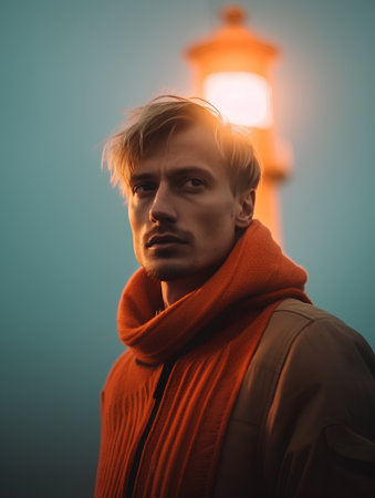 Portrait of a handsome young man in a red jacket and scarf.の素材