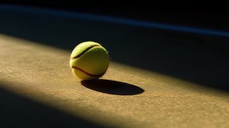 tennis ball on a dark background with sunbeams and shadowsの素材