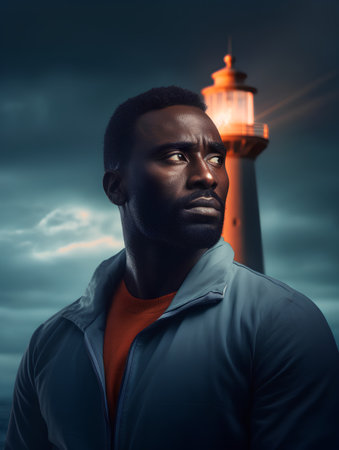 Portrait of a handsome black man standing in front of a lighthouseの素材