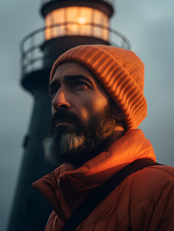 Portrait of a bearded man in an orange hat against the background of a lighthouse.の素材