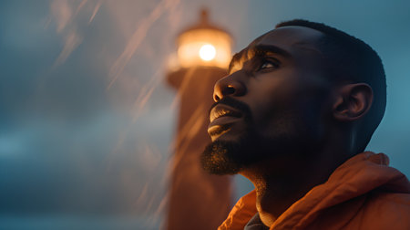 Pensive african american man in orange jacket looking away with lanternの素材