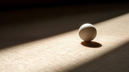 One white egg on a light background with shadows from the sun.の素材