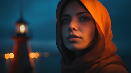 Portrait of a beautiful young muslim woman with a lantern.の素材