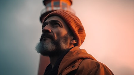 portrait of a man in front of a lighthouse in the eveningの素材