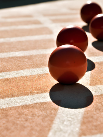 Close-up of red balls on the floor. Sport background.の素材
