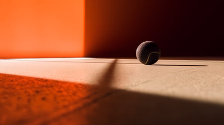Tennis ball on a tennis court with a shadow on the floorの素材