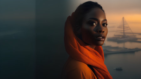 Beautiful african american woman in orange coat and scarf looking awayの素材