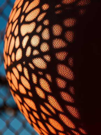Close-up of the net of a soccer ball in orange lightの素材