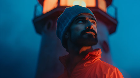 Man in red jacket and hat standing near the lighthouse at night.の素材