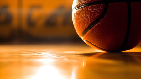 basketball ball on the floor in a sports arena, close-upの素材