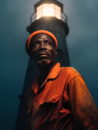 Portrait of African American man in orange hat and orange shirt standing near lighthouse at nightの素材