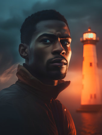 Portrait of a handsome african american man standing near a lighthouse.の素材