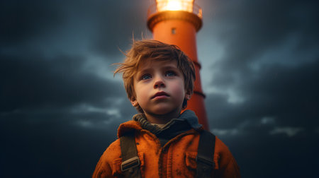 Little boy standing in front of a red lighthouse at night under rainの素材