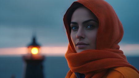 Portrait of beautiful young woman with headscarf in front of a lighthouseの素材
